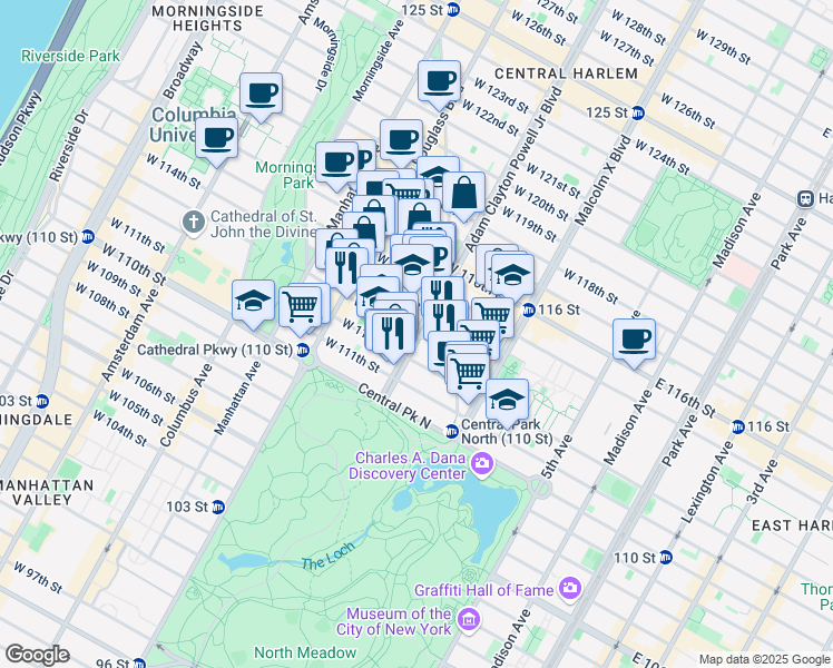 map of restaurants, bars, coffee shops, grocery stores, and more near Adam Clayton Powell Jr Blvd & W 113th St in New York