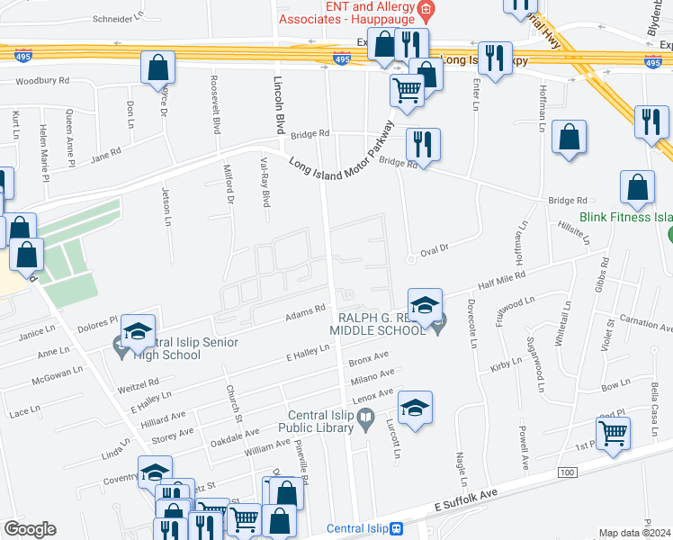 map of restaurants, bars, coffee shops, grocery stores, and more near 191 Hawthorne Avenue in Central Islip