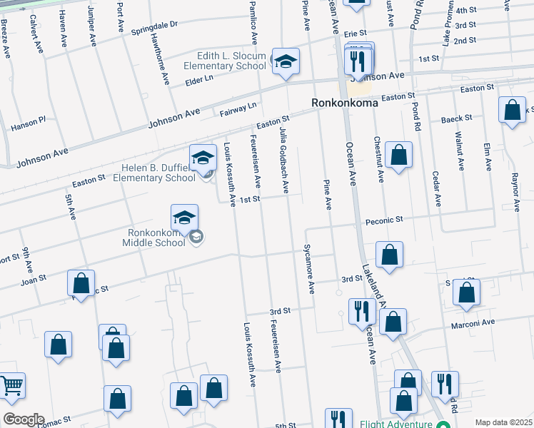 map of restaurants, bars, coffee shops, grocery stores, and more near 2283 Feuereisen Avenue in Ronkonkoma