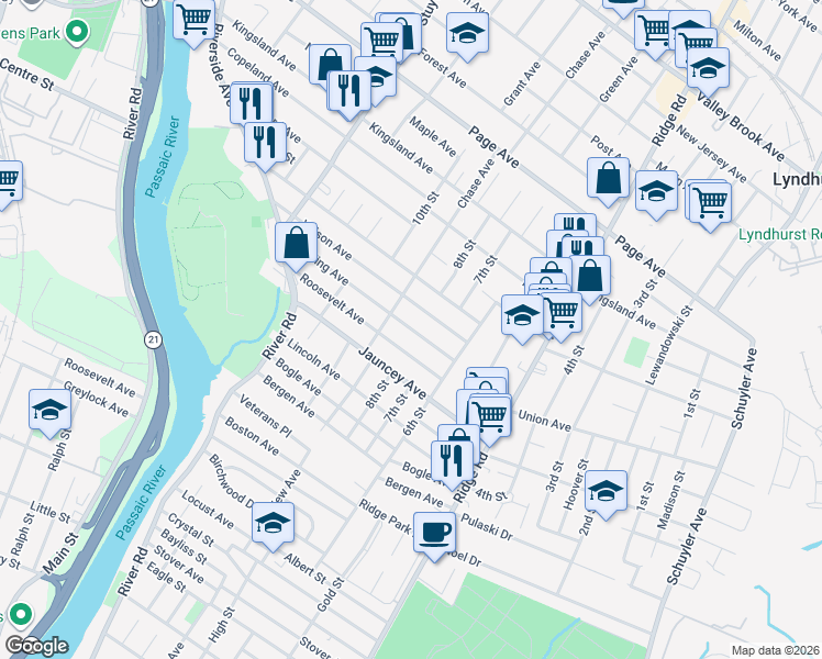map of restaurants, bars, coffee shops, grocery stores, and more near 764 Chase Avenue in Lyndhurst