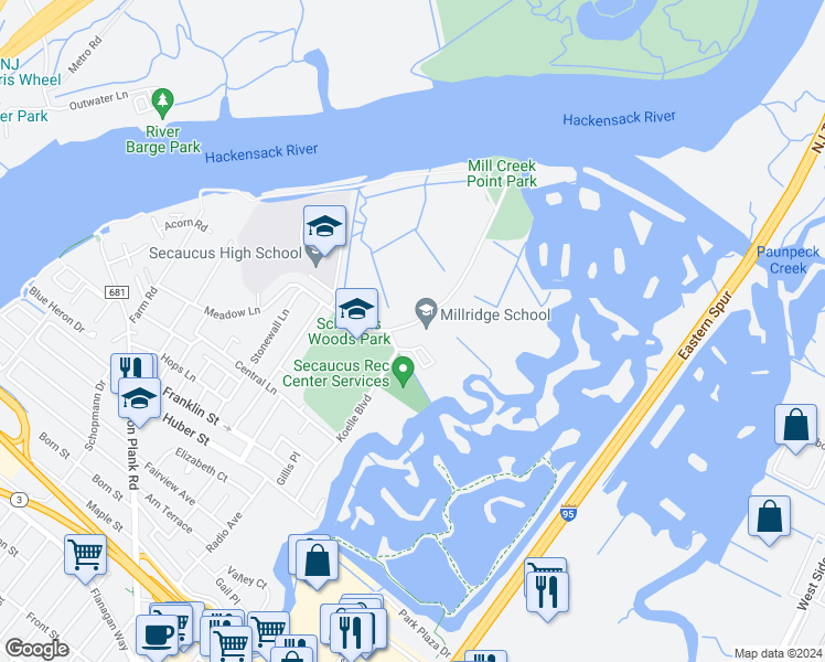 map of restaurants, bars, coffee shops, grocery stores, and more near 30 Millridge Road in Secaucus