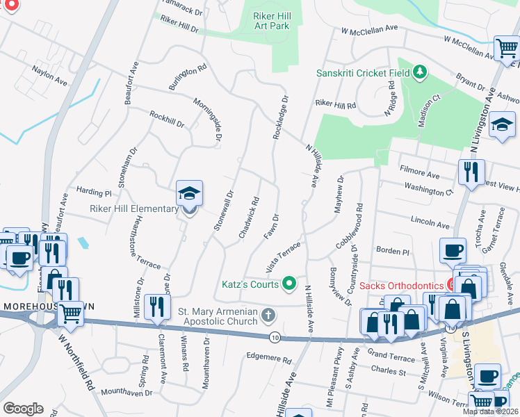 map of restaurants, bars, coffee shops, grocery stores, and more near 12 Chadwick Rd in Livingston