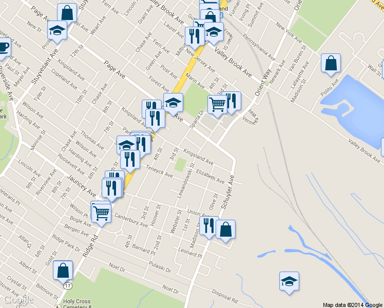 map of restaurants, bars, coffee shops, grocery stores, and more near 679 Kingsland Ave in Lyndhurst