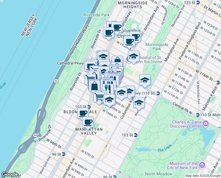 map of restaurants, bars, coffee shops, grocery stores, and more near 960 Amsterdam Avenue in New York