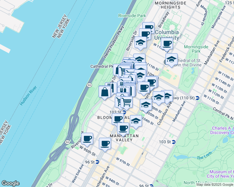 map of restaurants, bars, coffee shops, grocery stores, and more near 307 West 105th Street in New York