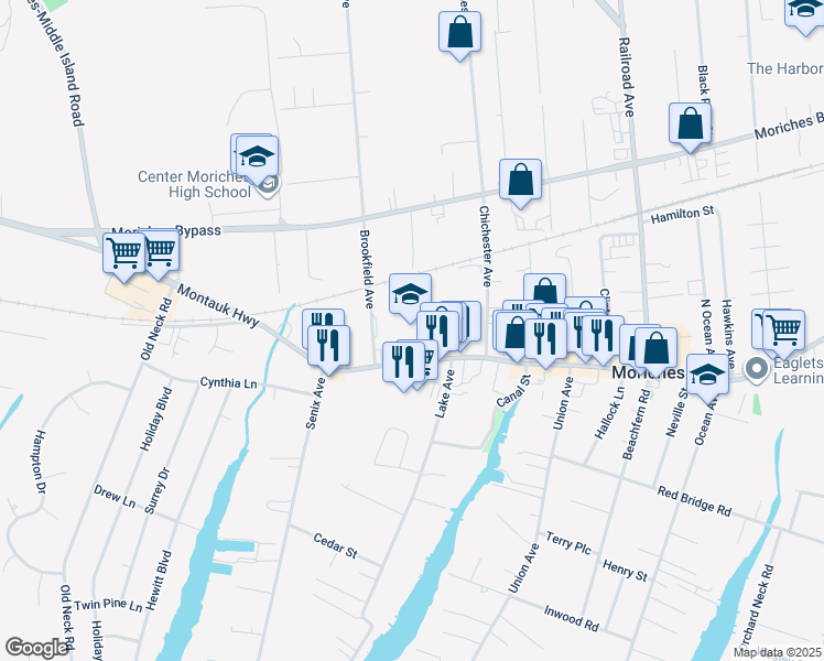 map of restaurants, bars, coffee shops, grocery stores, and more near 511 Main Street in Center Moriches