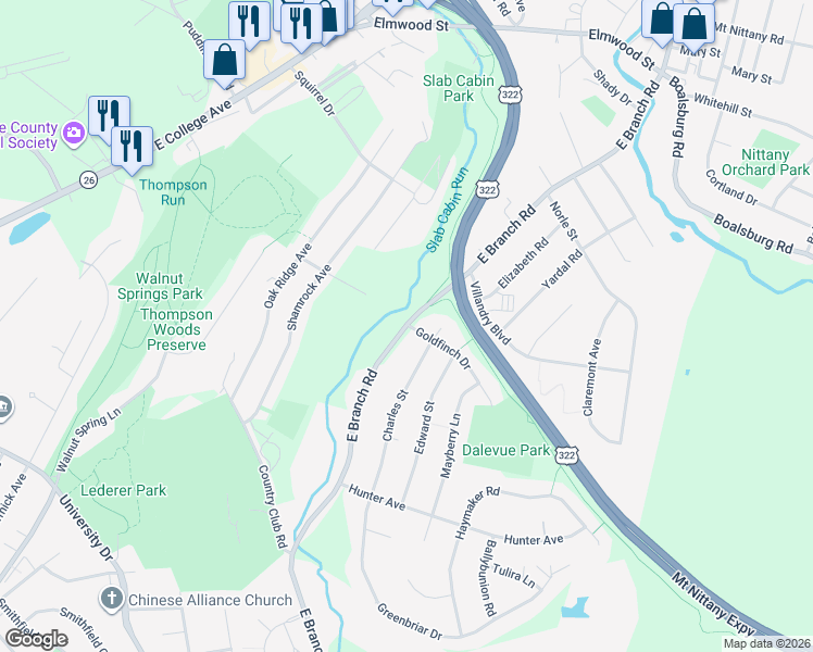 map of restaurants, bars, coffee shops, grocery stores, and more near 1375 E Branch Rd in State College