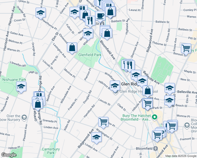 map of restaurants, bars, coffee shops, grocery stores, and more near 83 Douglas Road in Glen Ridge