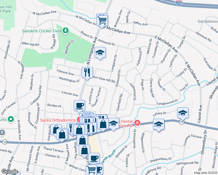 map of restaurants, bars, coffee shops, grocery stores, and more near 70 Glendale Avenue in Livingston