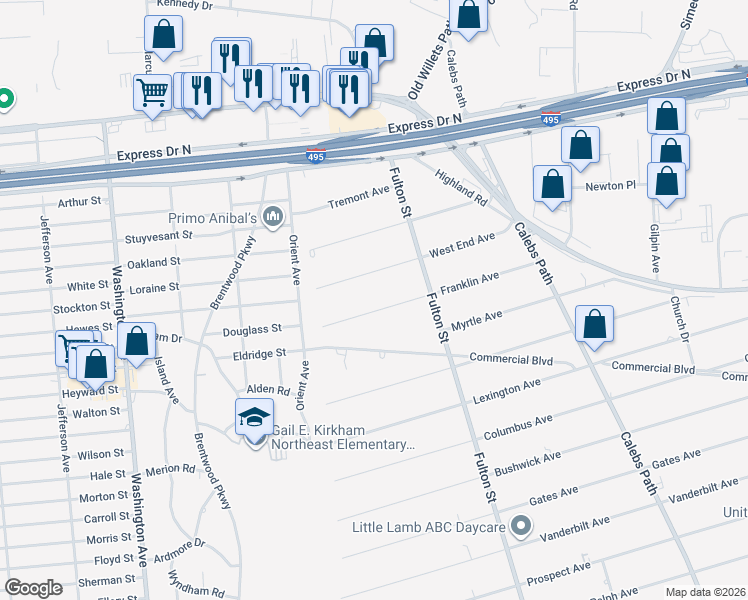 map of restaurants, bars, coffee shops, grocery stores, and more near 15 Franklin Avenue in Brentwood