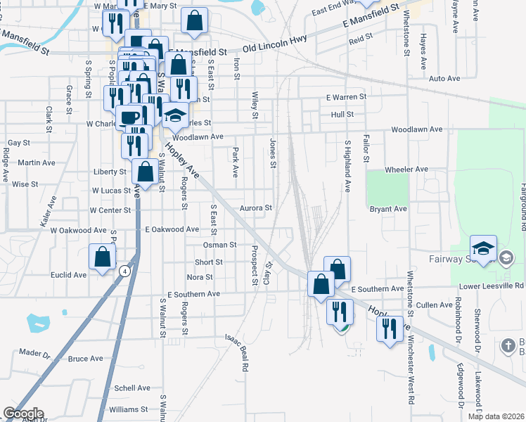 map of restaurants, bars, coffee shops, grocery stores, and more near 702 Prospect Street in Bucyrus