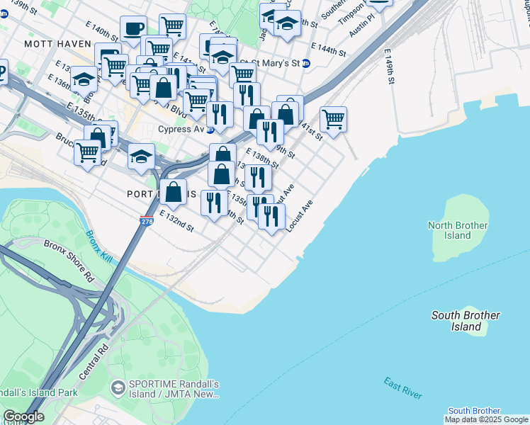 map of restaurants, bars, coffee shops, grocery stores, and more near 839 East 135th Street in The Bronx