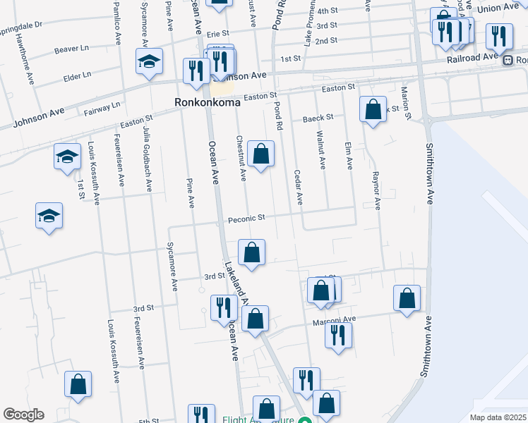 map of restaurants, bars, coffee shops, grocery stores, and more near 829 Peconic Street in Ronkonkoma