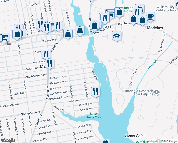 map of restaurants, bars, coffee shops, grocery stores, and more near 233 Moriches Avenue in Mastic