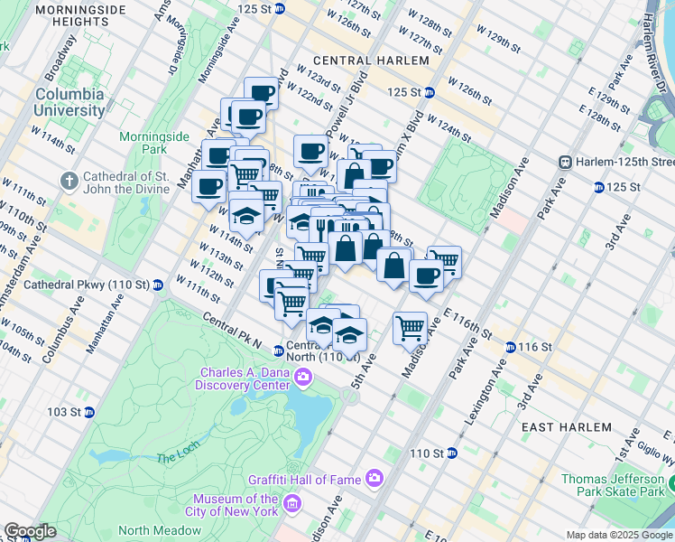 map of restaurants, bars, coffee shops, grocery stores, and more near 100 Lenox Avenue in New York