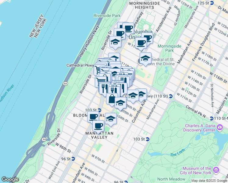 map of restaurants, bars, coffee shops, grocery stores, and more near 220 West 107th Street in New York