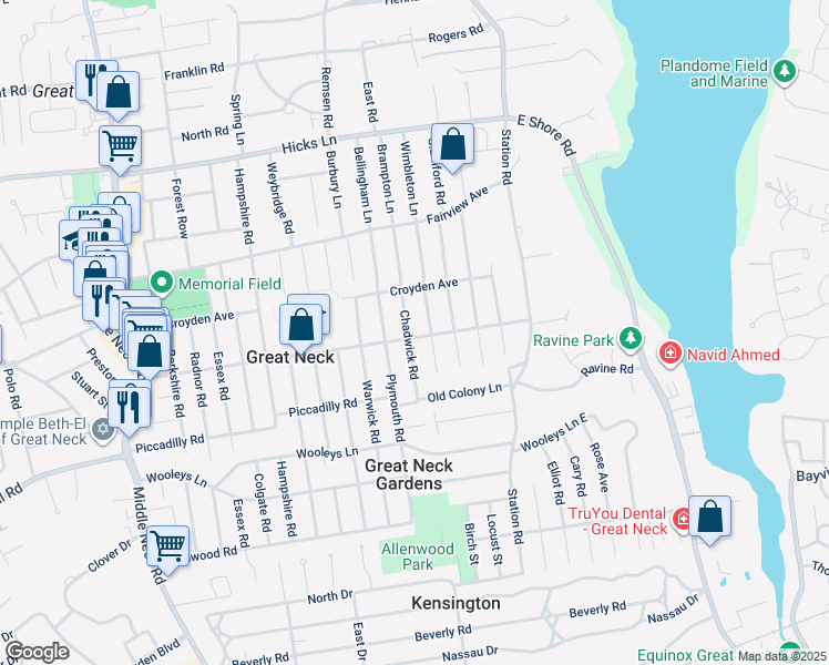 map of restaurants, bars, coffee shops, grocery stores, and more near 109 Baker Hill Road in Great Neck