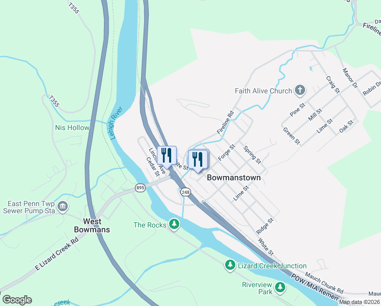 map of restaurants, bars, coffee shops, grocery stores, and more near Fireline Rd in Palmerton