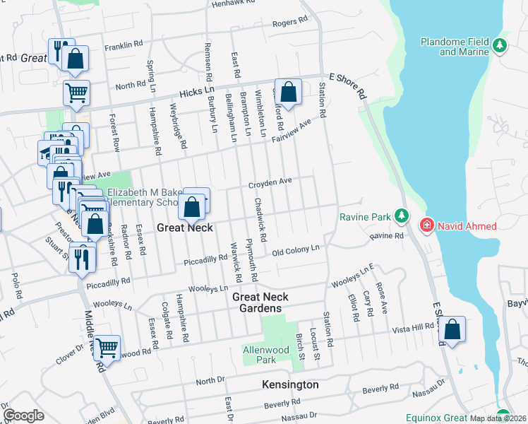 map of restaurants, bars, coffee shops, grocery stores, and more near 109 Baker Hill Road in Great Neck
