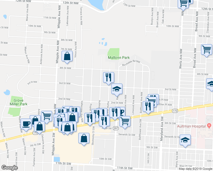 map of restaurants, bars, coffee shops, grocery stores, and more near 3807 3rd Street Northwest in Canton