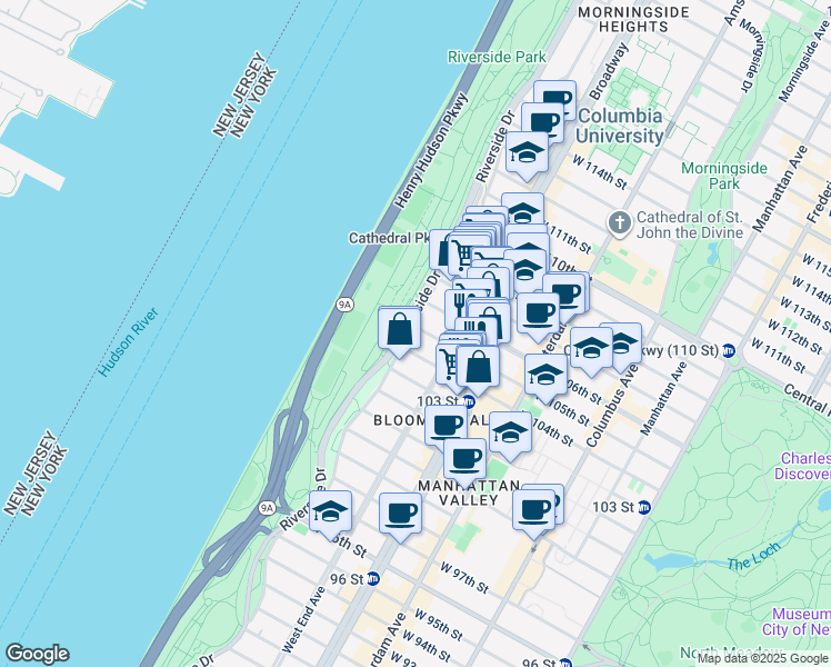 map of restaurants, bars, coffee shops, grocery stores, and more near 325 Riverside Drive in New York