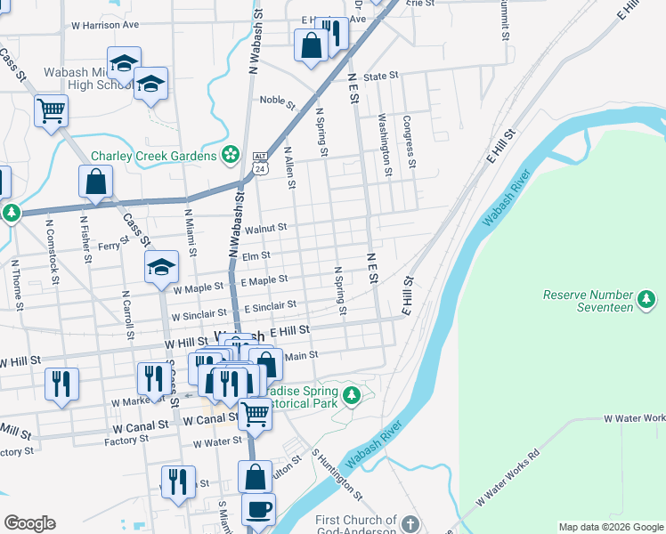 map of restaurants, bars, coffee shops, grocery stores, and more near 294 East Maple Street in Wabash