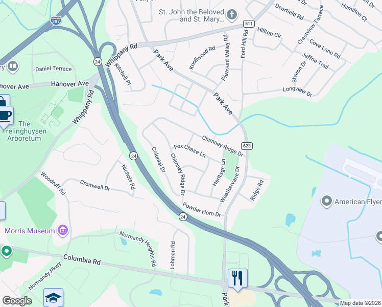 map of restaurants, bars, coffee shops, grocery stores, and more near 12 Fox Chase Lane in Morristown