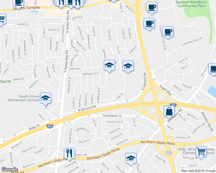 map of restaurants, bars, coffee shops, grocery stores, and more near 12 Melanie Lane in Syosset