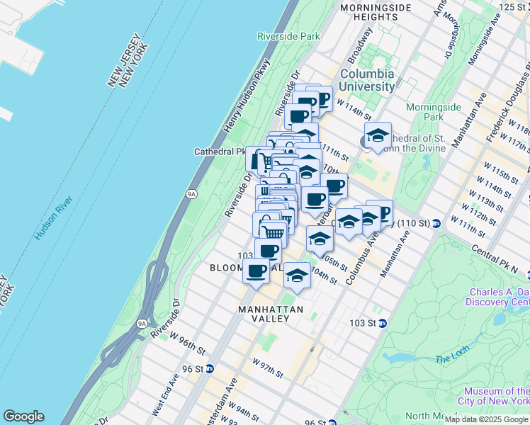 map of restaurants, bars, coffee shops, grocery stores, and more near 930 West End Avenue in New York