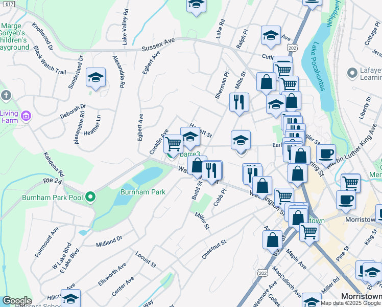 map of restaurants, bars, coffee shops, grocery stores, and more near 24 Mills Street in Morristown