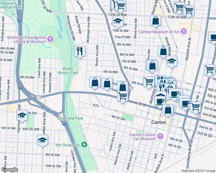 map of restaurants, bars, coffee shops, grocery stores, and more near 1111 2nd Street Northwest in Canton
