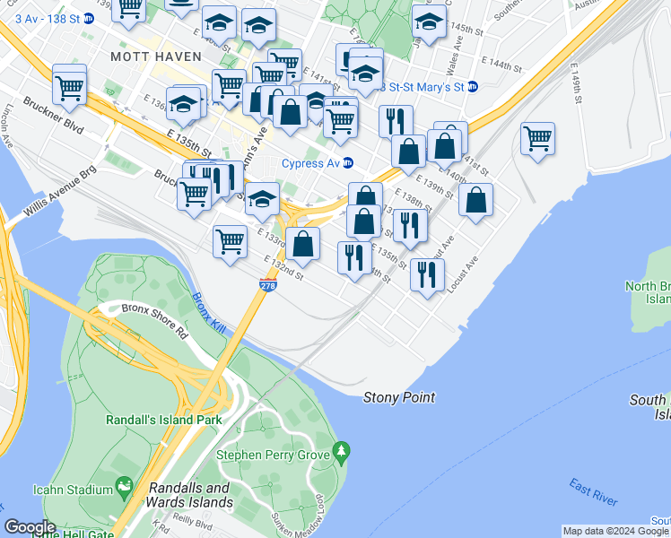 map of restaurants, bars, coffee shops, grocery stores, and more near 751 East 133rd Street in Bronx