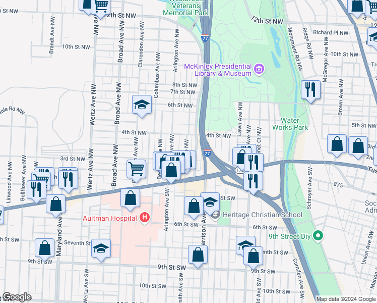 map of restaurants, bars, coffee shops, grocery stores, and more near 316 Smith Avenue Northwest in Canton