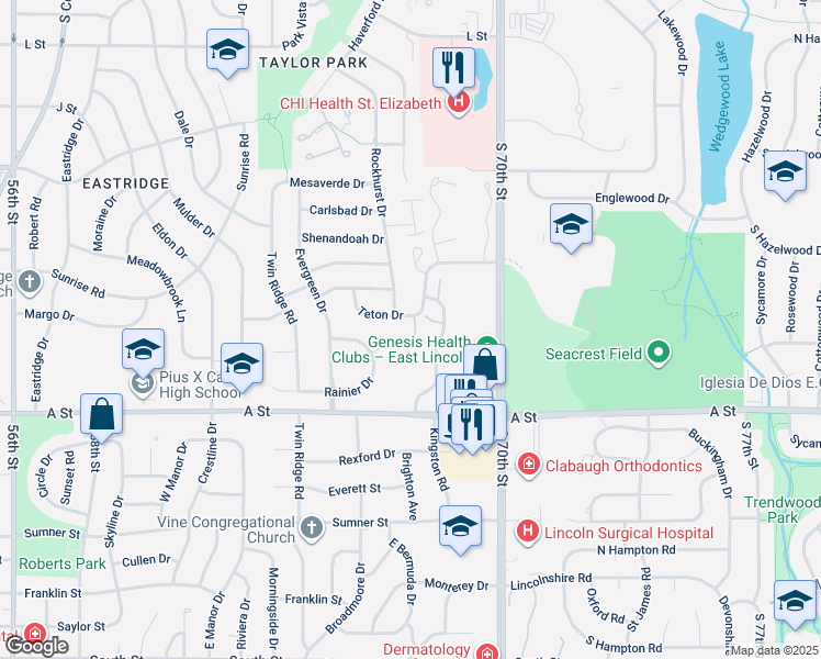 map of restaurants, bars, coffee shops, grocery stores, and more near 6709 Teton Drive in Lincoln