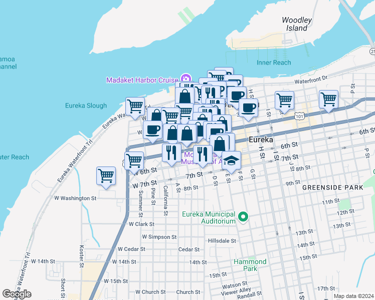map of restaurants, bars, coffee shops, grocery stores, and more near 105 5th Street in Eureka