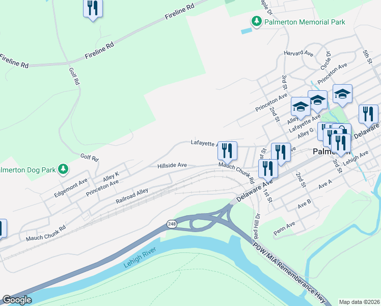 map of restaurants, bars, coffee shops, grocery stores, and more near 341 Hillside Ave in Palmerton