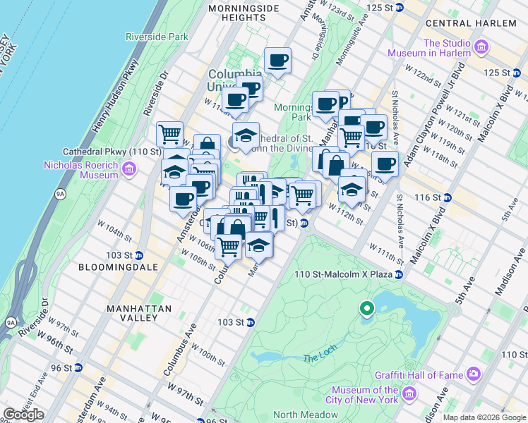 map of restaurants, bars, coffee shops, grocery stores, and more near 362 West 110th Street in New York