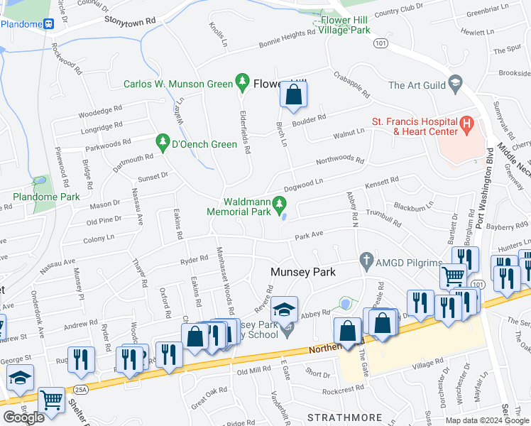 map of restaurants, bars, coffee shops, grocery stores, and more near 42 Strickland Place in Manhasset