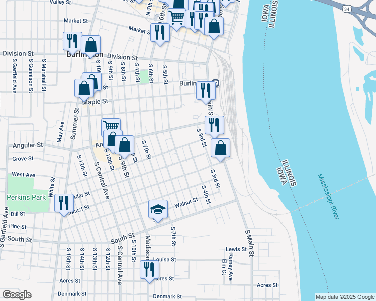 map of restaurants, bars, coffee shops, grocery stores, and more near 707 South 4th Street in Burlington