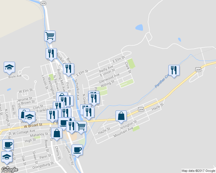 map of restaurants, bars, coffee shops, grocery stores, and more near 400 Willing Street in Tamaqua