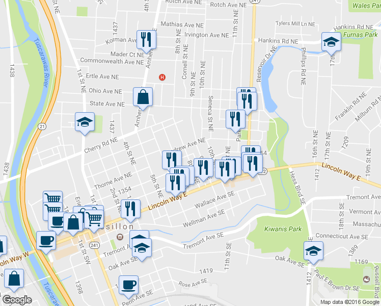 map of restaurants, bars, coffee shops, grocery stores, and more near 224 8th Street Northeast in Massillon