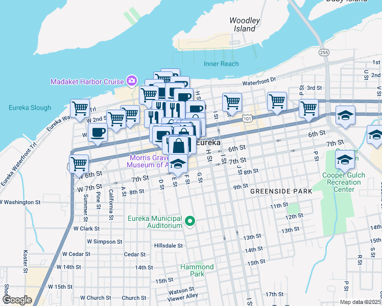 map of restaurants, bars, coffee shops, grocery stores, and more near 527 F Street in Eureka