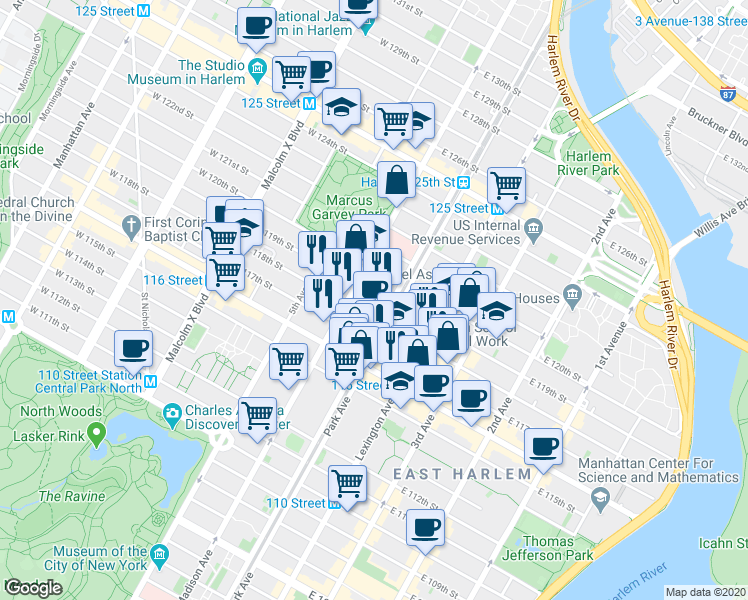 map of restaurants, bars, coffee shops, grocery stores, and more near 76 East 119th Street in New York