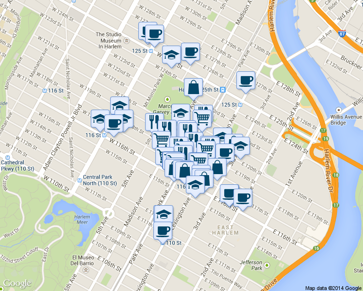 map of restaurants, bars, coffee shops, grocery stores, and more near 76 East 119th Street in New York