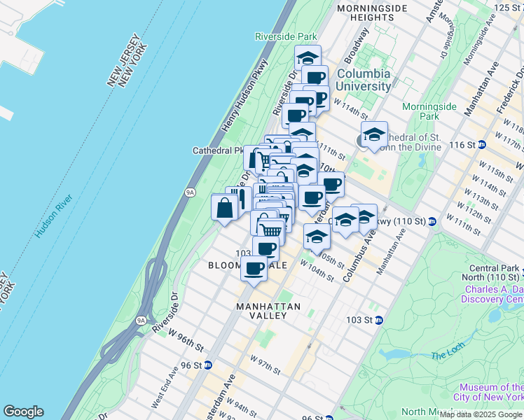 map of restaurants, bars, coffee shops, grocery stores, and more near 307 West 105th Street in New York