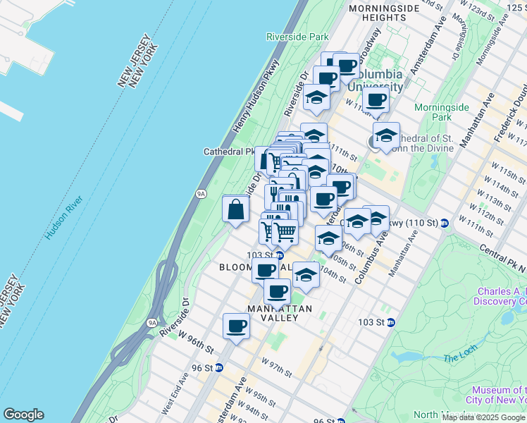 map of restaurants, bars, coffee shops, grocery stores, and more near 307 West 105th Street in New York