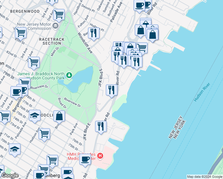 map of restaurants, bars, coffee shops, grocery stores, and more near 64 Bergen Ridge Road in North Bergen