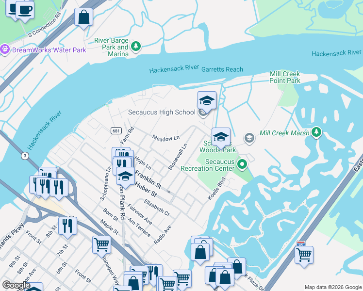 map of restaurants, bars, coffee shops, grocery stores, and more near 1119 Stonewall Lane in Secaucus