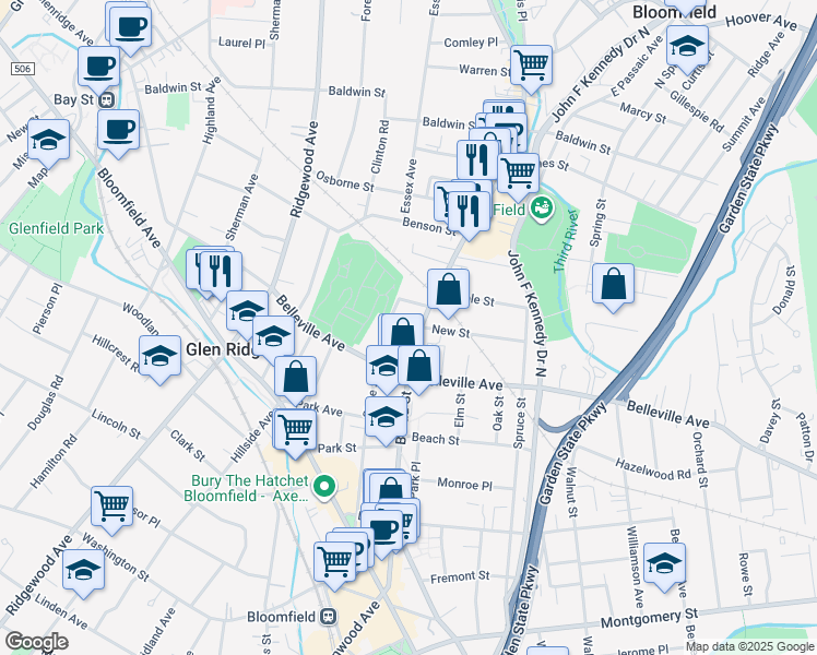map of restaurants, bars, coffee shops, grocery stores, and more near 169 State Street in Bloomfield