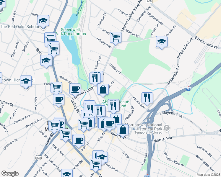 map of restaurants, bars, coffee shops, grocery stores, and more near 33 Abbett Avenue in Morristown